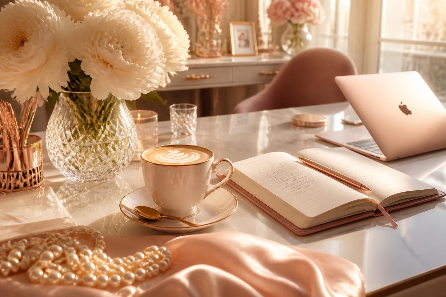 A luxurious executive desk with peonies and a cappuccino