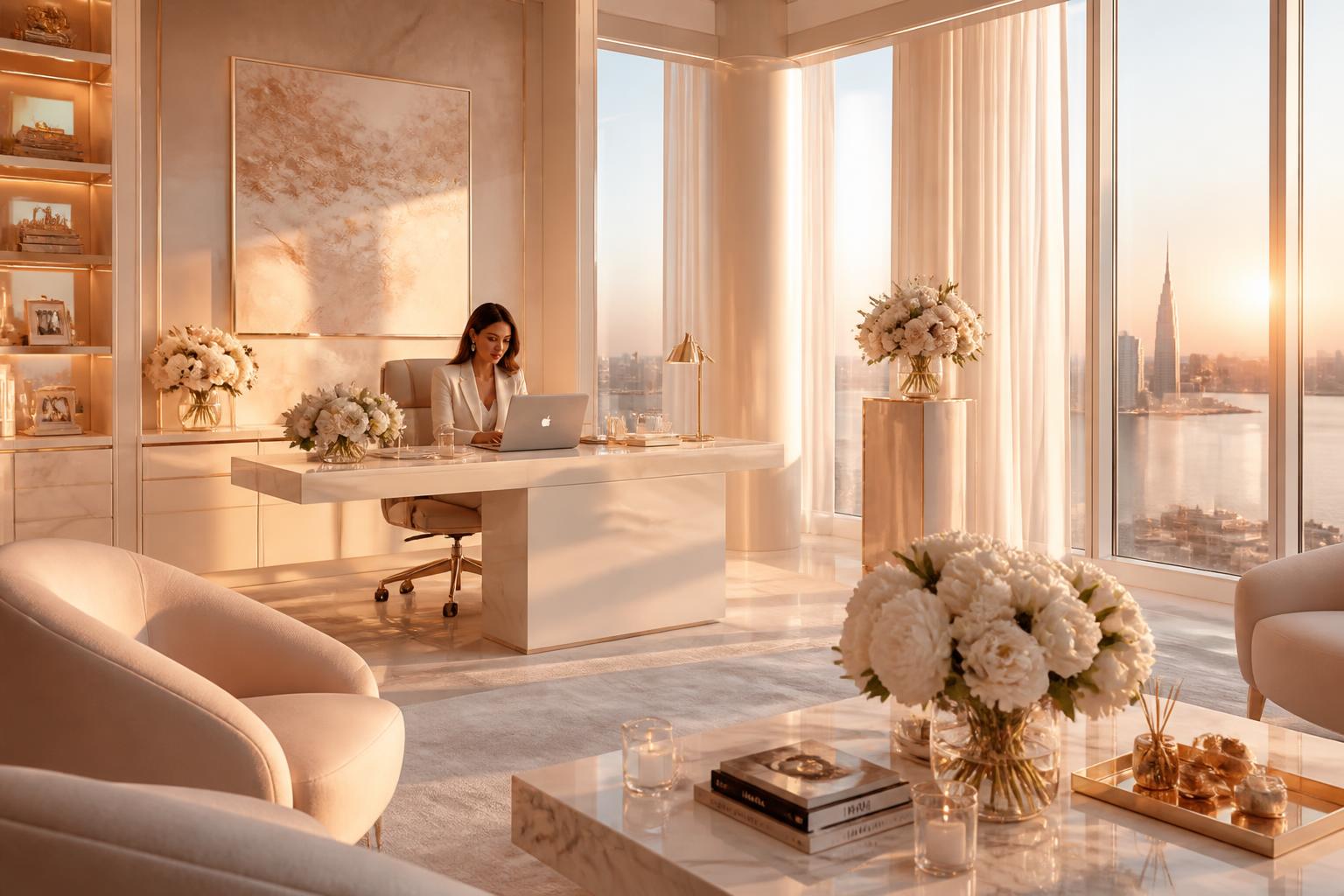 An elegant feminine corner office at golden hour